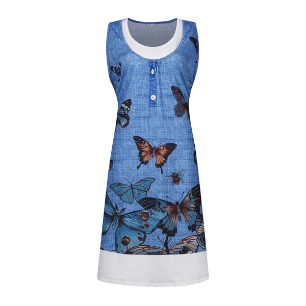 Dam falsk 2-delad skjorta Sundress Tunika Midiklänning Scoop Neck Blue Butterfly 3XL