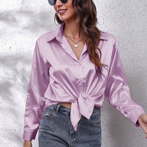 Böjd blus för dam Tunikaskjorta Satin långärmade T-shirts Violet S
