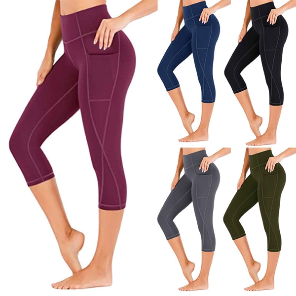 Capri Yoga byxor för kvinnor med hög midja, cropped byxor Pocket Fitness red,M
