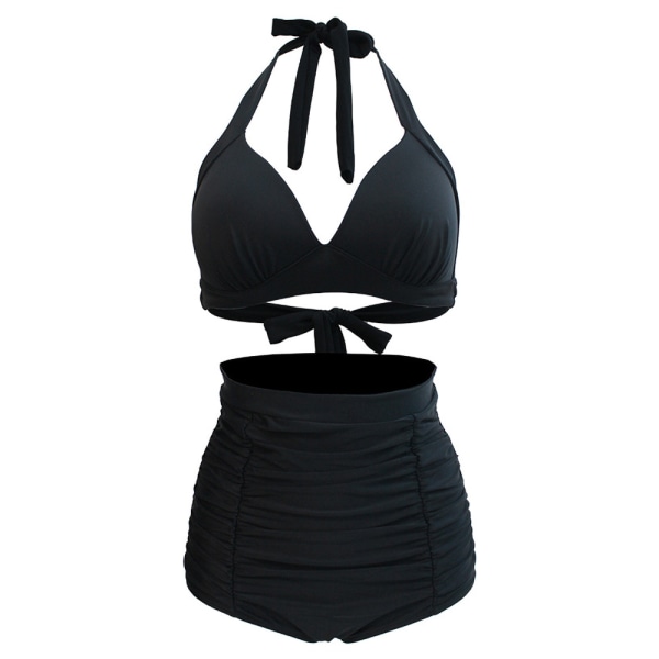 Kvinnors hög midja Bikini Set Baddräkt Sexig Halter Beachwear Black,M