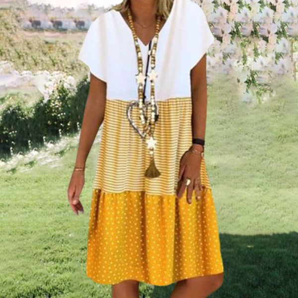 Naisten polvipituinen mekko, rento casual printed V-pääntie Yellow S