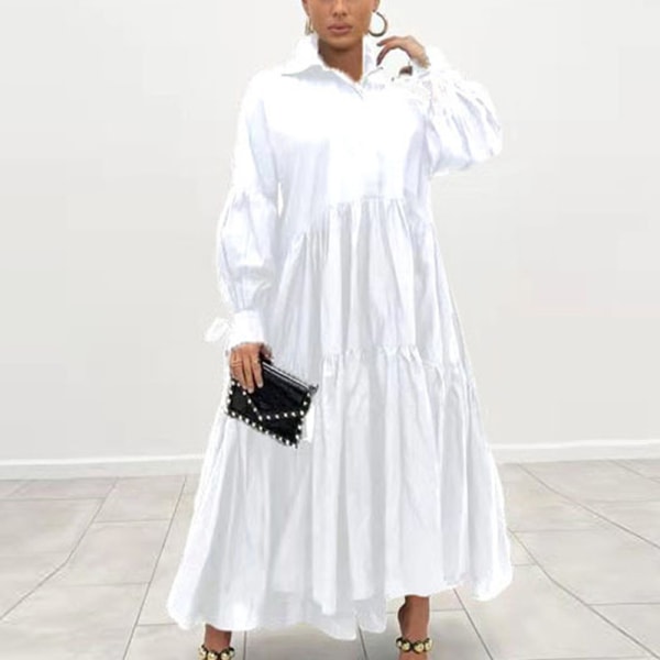 Kvinnor Enfärgad skjortklänning Volang Maxiklänningar White L