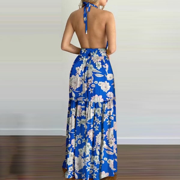 Dam solklänning V-ringad Maxiklänningar Lång klänning Beach Holiday Blue 2XL