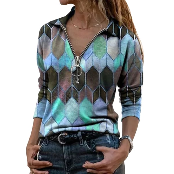Kvinder geometrisk trykt T-shirt top langærmet afslappet sweater Blue,XL