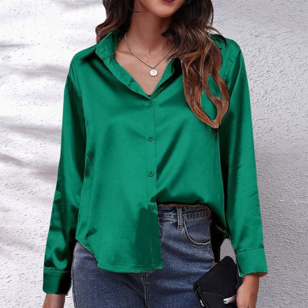 Böjd blus för dam Tunikaskjorta Satin långärmade T-shirts Green S