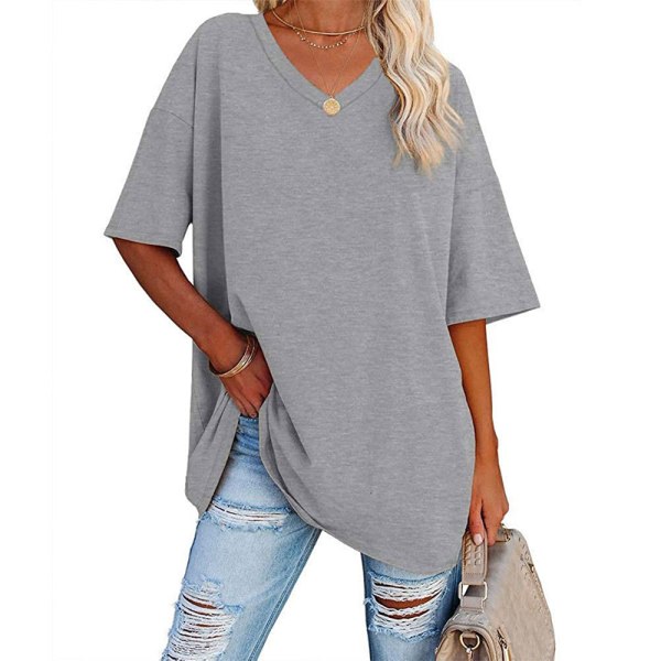 Kvinnor enfärgad V-ringad halvärmad topp Casual T-shirt tröja Light gray S