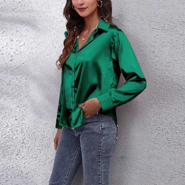 Böjd blus för dam Tunikaskjorta Satin långärmade T-shirts Green S