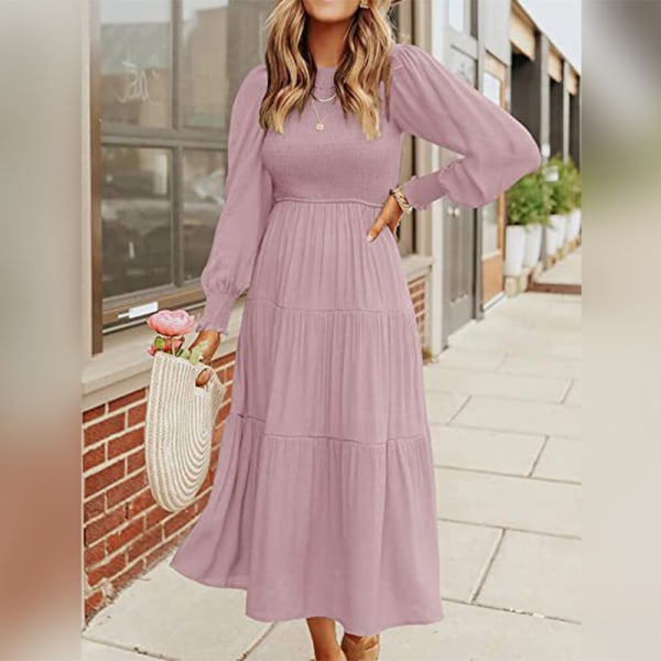 Kvinder plisseret ryg knap Maxikjoler Loose A Line Dress Swing Pink M