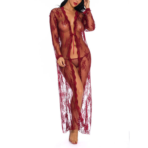 Kvinders blonde sexet pyjamas cardigan one-Piece kjole Red Wine,M