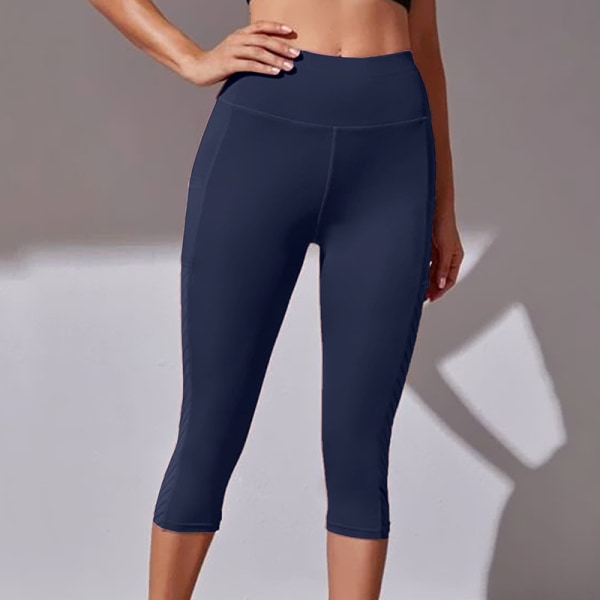 Yogabyxor med hög midja för kvinnor Sports Cropped byxor med fickor Marinblått M