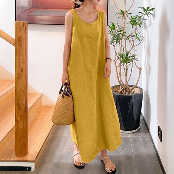 Kvinnor ärmlösa Maxiklänningar Enfärgad sommar strandsolklänning Yellow L
