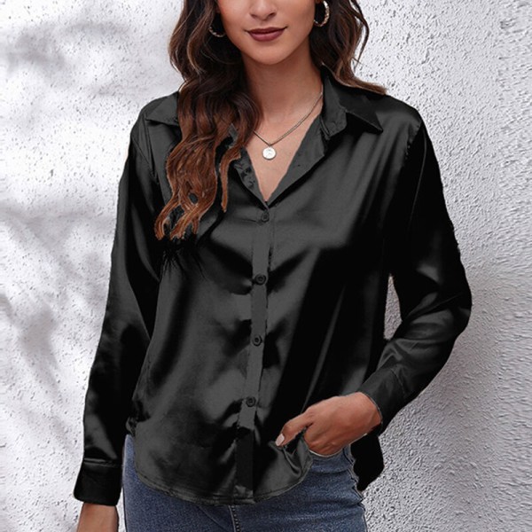 Böjd blus för dam Tunikaskjorta Satin långärmade T-shirts Black S