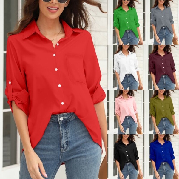 Kvinder ensfarvet bluse med revershals tunikaskjorte Black XXXL