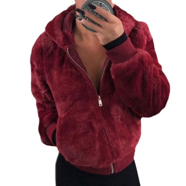 Naisten huppari Fleece-takki Pörröinen hupullinen lämmin takki Red Wine,XL