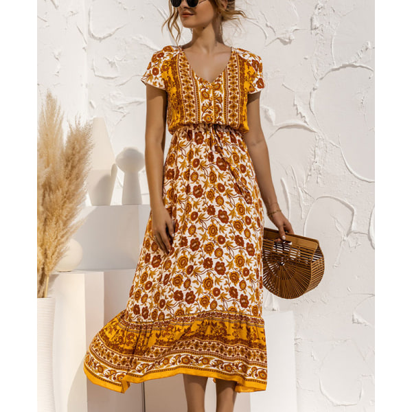 Naisten Maxi-mekot print pitkä mekko Sundress lyhythihainen Orange S