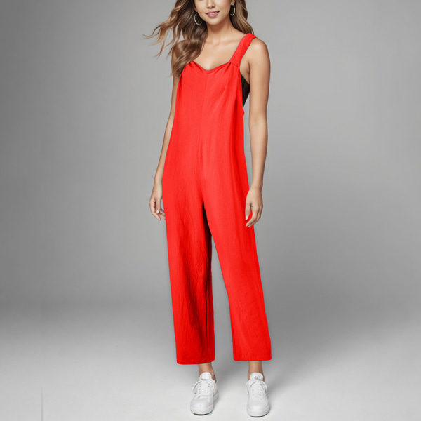 Kvinnor Wide Leg Romper Harem Byxa Bomull Linne Strapping Jumpsuit Red XL