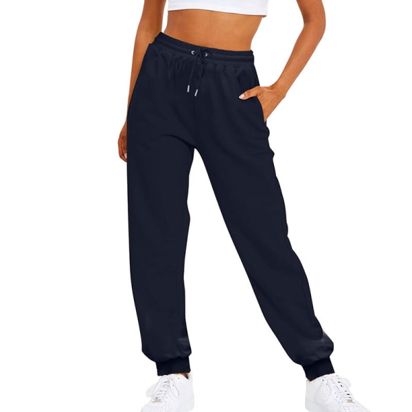 Kvinder ensfarvede bukser lige ben med lommer joggingbukser Navy Blue XL