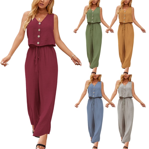 Kvinnor Enfärgade 2-delade Outfits Elastisk midja hemkläder Brown XS