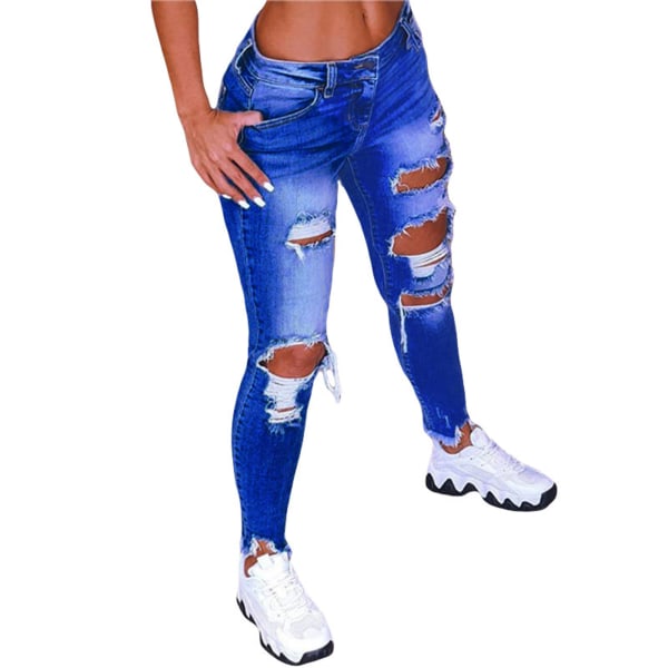 Kvinder Ripped Casual Jeans Legging Skinny Bukser Bukser Jeggings Navy Blue,4XL