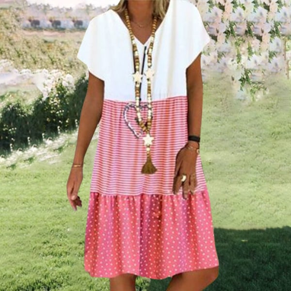 Naisten polvipituinen mekko, rento casual printed V-pääntie Pink L