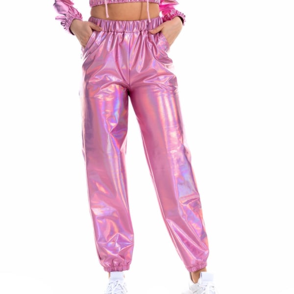 Kvinder High Waist Bukser Metallic Loungewear Shin Bukser Pink XL