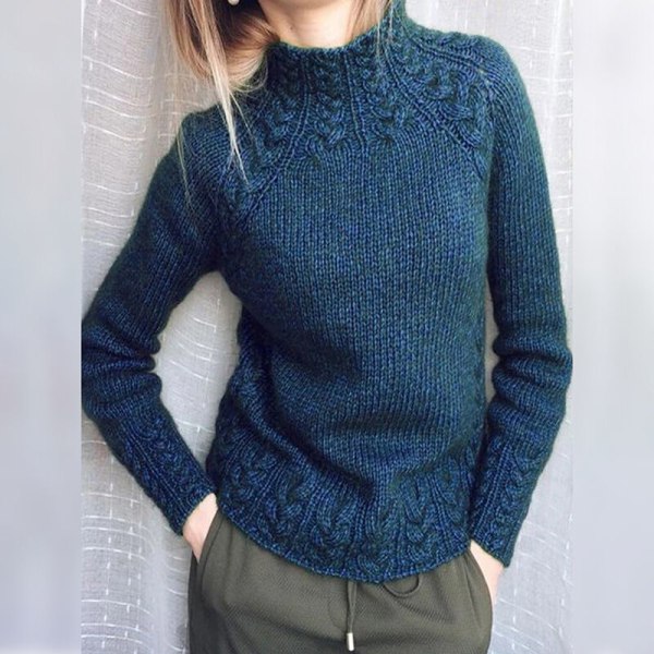 Kvinder langærmet højhalset striktrøjer ensfarvet sweater Blue L