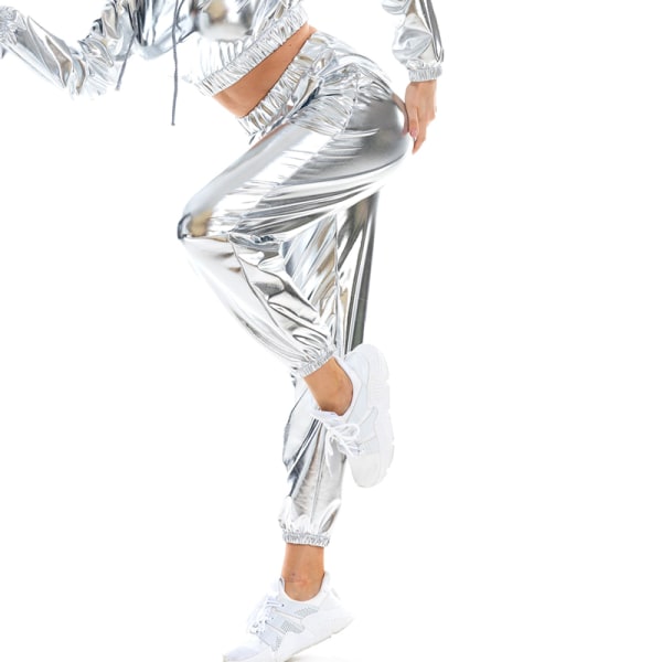 Kvinder High Waist Bukser Metallic Loungewear Shin Bukser Silver L