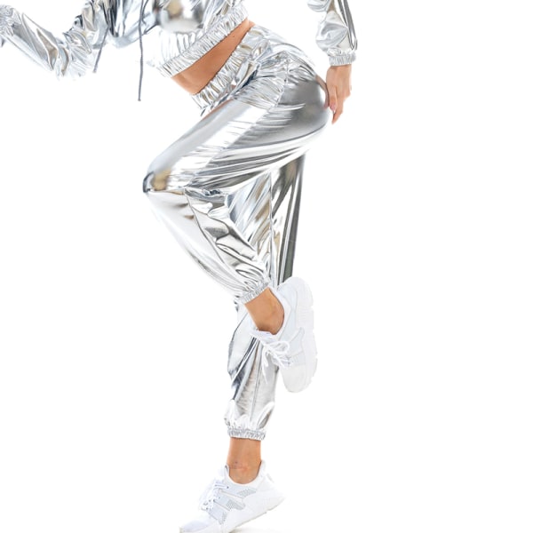 Kvinder High Waist Bukser Metallic Loungewear Shin Bukser Silver S