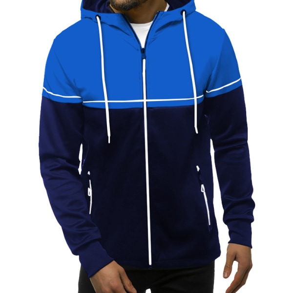 Mænd Farve Matchende Hættejakke Sweater Zip Outwear Overcoat Blue XXL