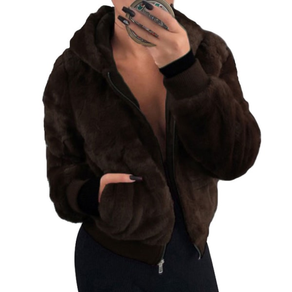 Naisten huppari Fleece-takki Pörröinen hupullinen lämmin takki Dark Brown,3XL