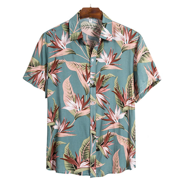 Män Large Street Print kortärmad skjorta Hawaiian Fitted Top Green,M
