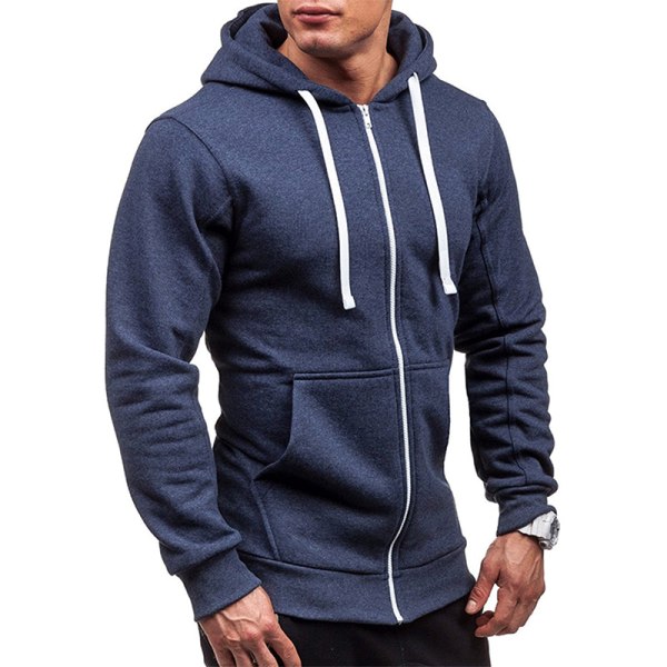 Män Hooded Coat Jacka Sweatshirt Outwear Dragsko Dragkedja Navy Blue 2XL