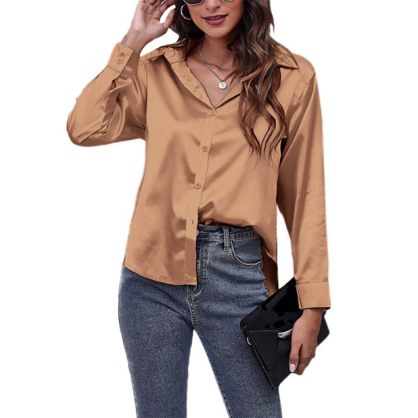 Damebluse med buet kant Tunikaskjorte med langærmede satin-t-shirts Brown L