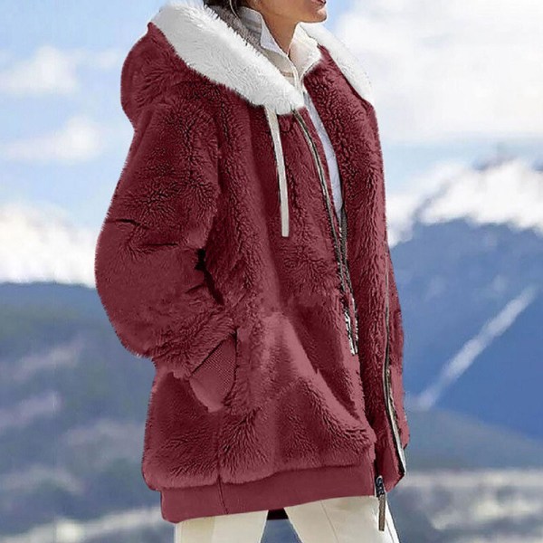 Naisten yksivärinen neuletakki vetoketjullinen Sherpa-takki Red 2XL