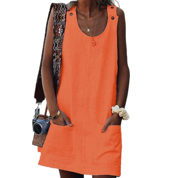 Dame kort mini kjole rund hals sommer strand solkjole tank kjole Orange XL