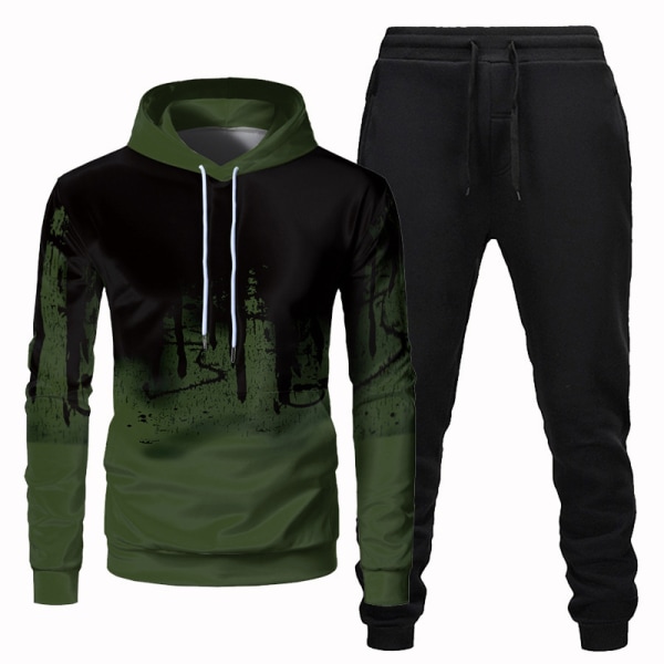 Printed hooded sweatshirt för män, sportdräkt Army Green Coat Black Pants,XL