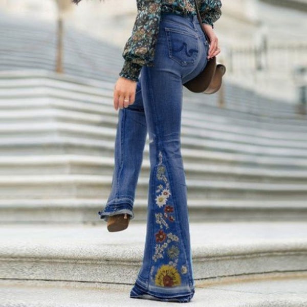 Kvinnor hög midja blommiga Bell-bottom jeans utsvängda vida ben byxor Dark Blue,XXL