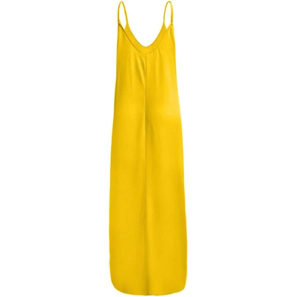 Dame Lang Maxi Kjole Slip Kjole V-hals Summer Beach Sundress Yellow XL