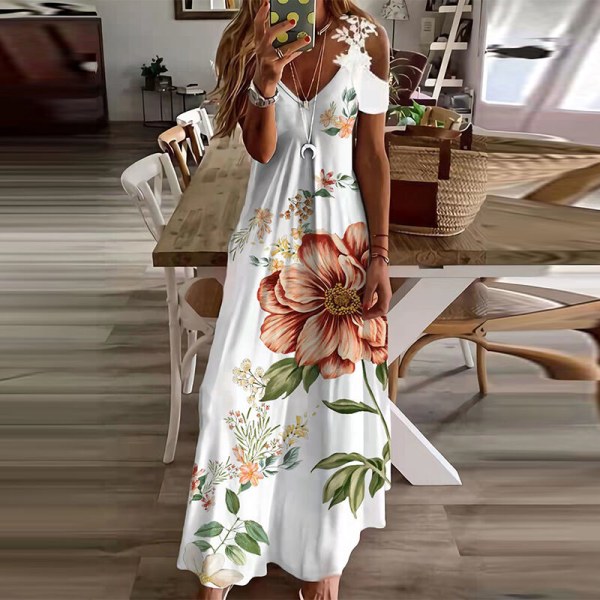 Dame V-hals Summer Beach Sundress Blondereim Lang kjole Løs Positioning Big Flowers 3XL