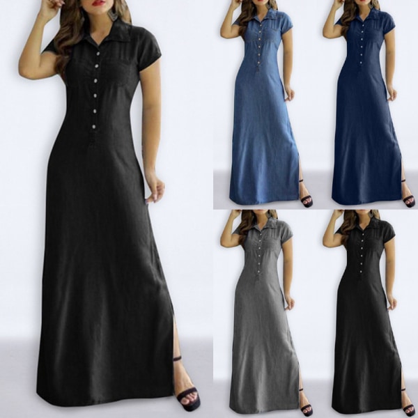 Kvinder kortærmet solkjole Button Down lang kjole Dark Blue 2XL