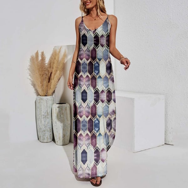 Kvinder V-hals Spaghetti Strap Diamond Print Sundress Maxi Kjoler Purple L