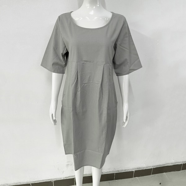 Damer Midiklänning Lös Casual Bomull Linne Plisserade klänningar Gray M