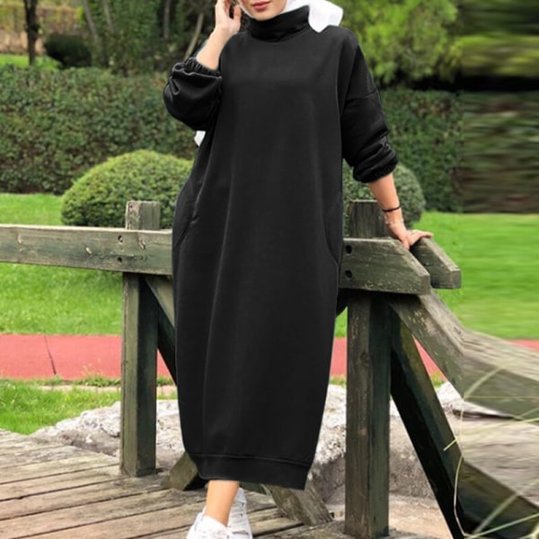 Langærmet sweatshirtkjole til kvinder Lange maxikjoler med høj hals Black L