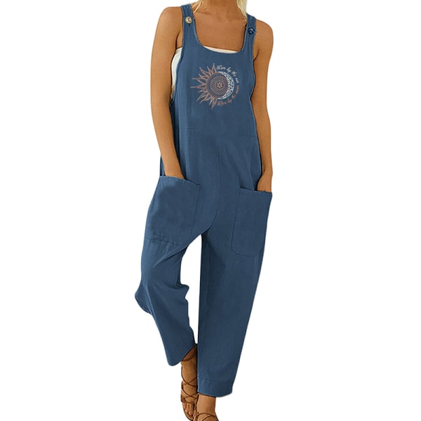 Kvinder ærmeløse jumpsuits Sun Moon Print lange bukser Blue M