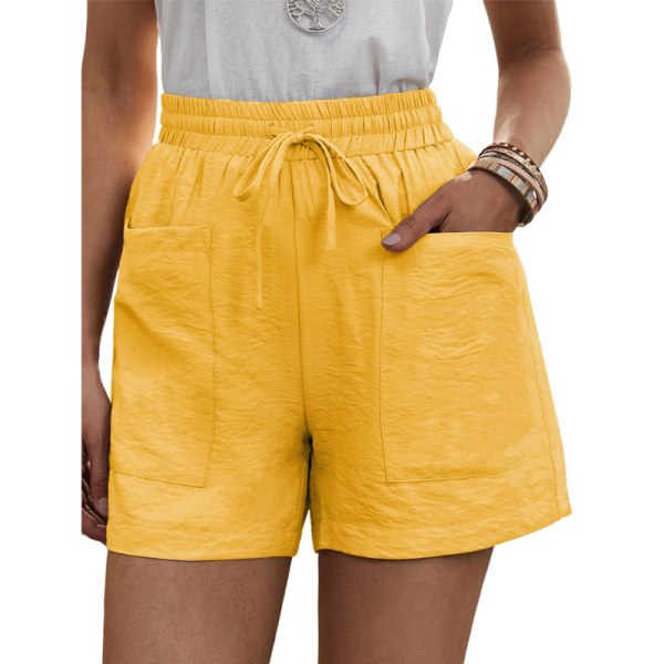 Dame Sports Mini Shorts Ensfarvede Elastiske Talje Hot Pants Yellow,L