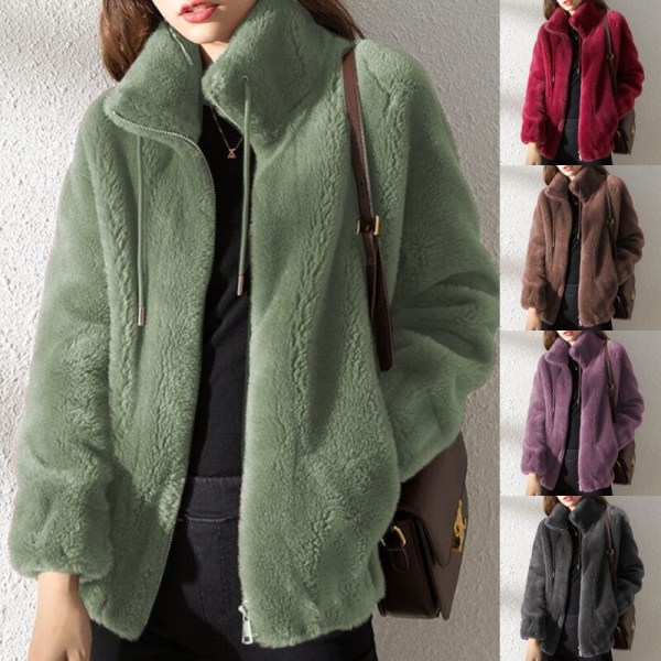 Dam Långärmad Enfärgad Full Zip Coat Fuzzy Fleecejacka Green L