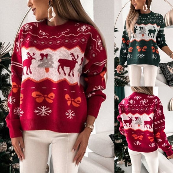 Ladies Snowflake Printed Pullover Winter Warm Jumper Tops Green L