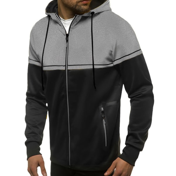 Mænd Farve Matchende Hættejakke Sweater Zip Outwear Overcoat Light Gray XXL