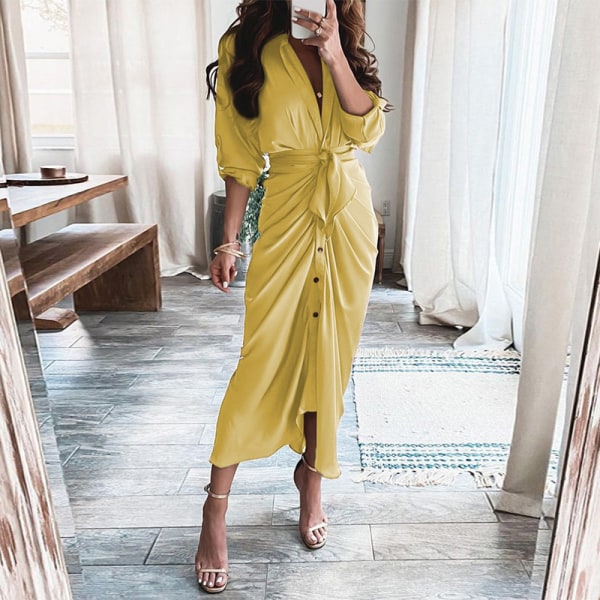 Casual solklänning för kvinnor med lång kjol Prickig skjorta med lång ärm Yellow M