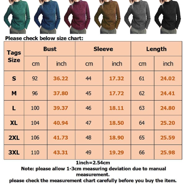 Kvinder langærmet højhalset striktrøjer ensfarvet sweater Black XL